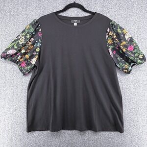 Tahari Black Puff Sleeve Floral Print Tunic Top Blouse 1X Plus Size Office Party